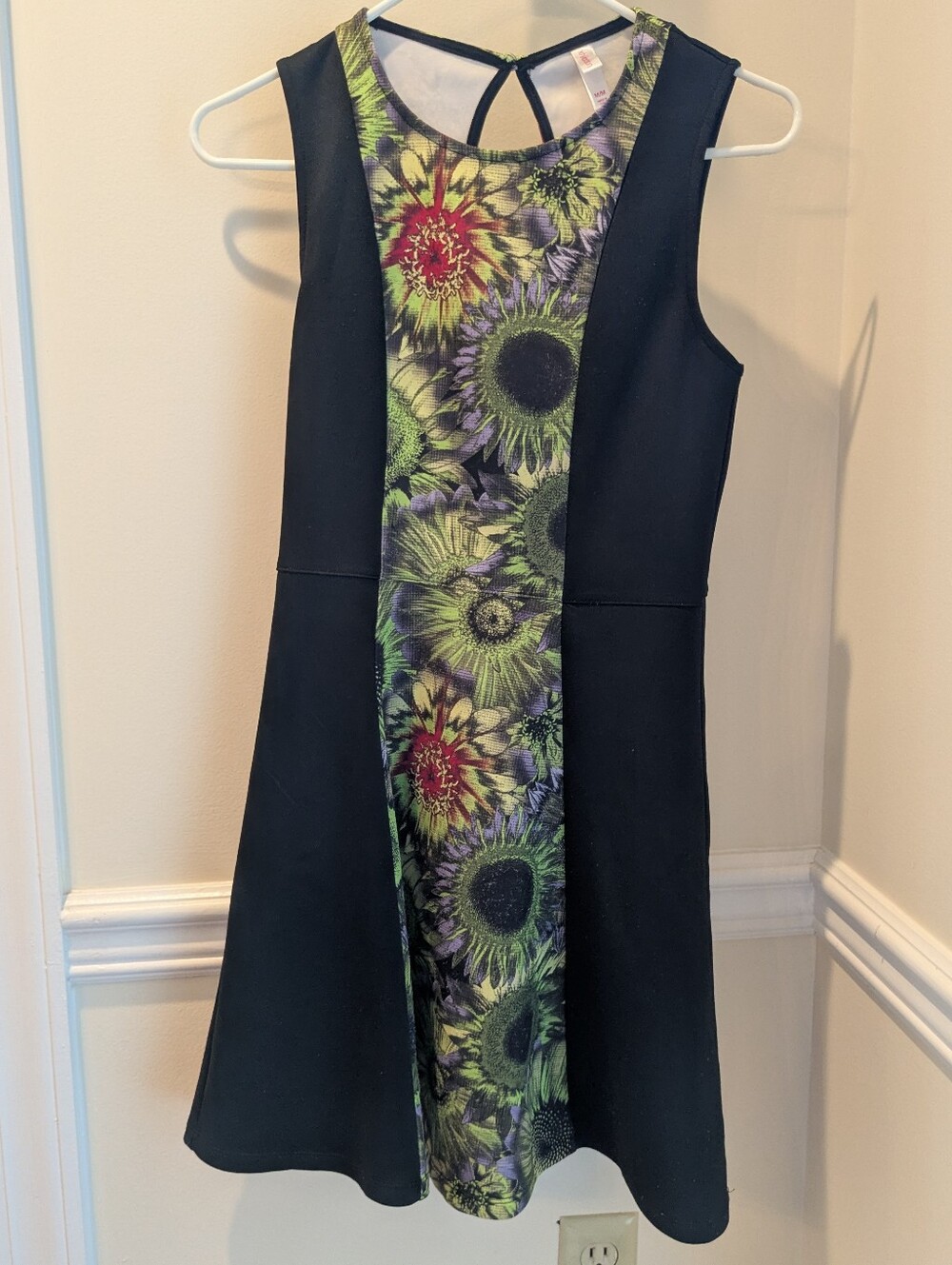 Black Floral Panel Sleeveless A-Line Dress Size M